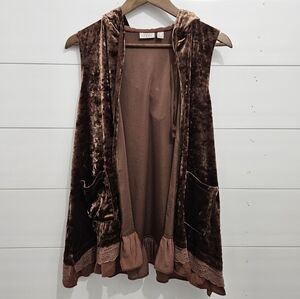 LOGO Lori Goldstein Womens Hooded Vest Panne Velvet Ruffle Lace Hem